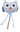 A plush owl toy with large embroidered eyes, a small orange beak, blue wings, and a light blue yarn body on a wooden stick, shown with dimension arrows and text indicating 11cm width and 18.5cm height on a white background.
